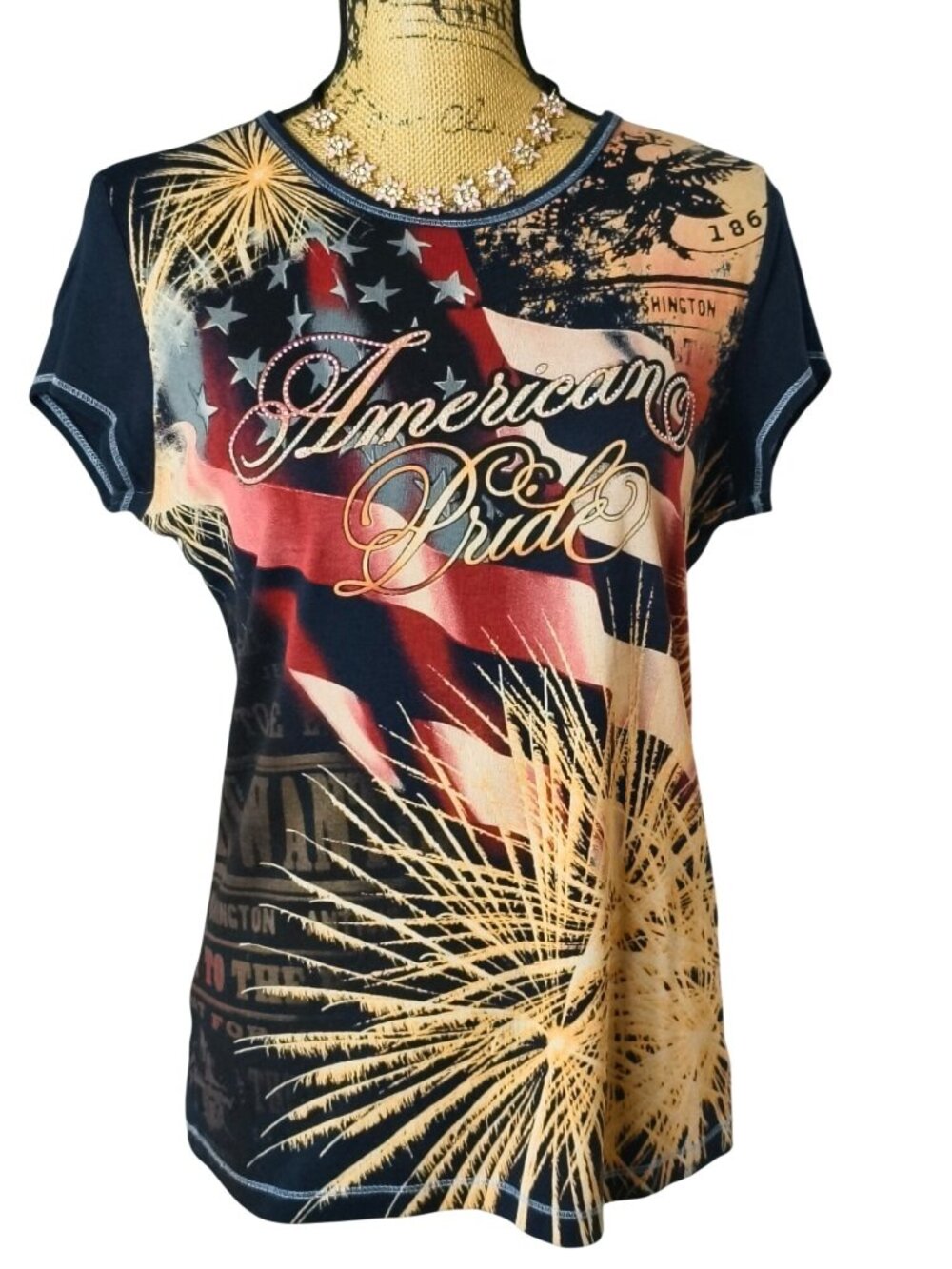 Blue Canyon Patriotic Womens Tee L USA Flag Fireworks SS Navy American Pride y2k